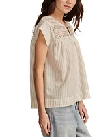 Lucky Brand Women's Cotton Striped Smocked Popover Blouse
