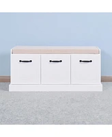 Wooden Entryway Shoe Cabinet Living Room Storage Bench With White Cushion