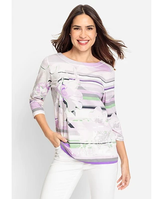 Olsen Cotton Blend 3/4 Sleeve Multi-Print T-Shirt