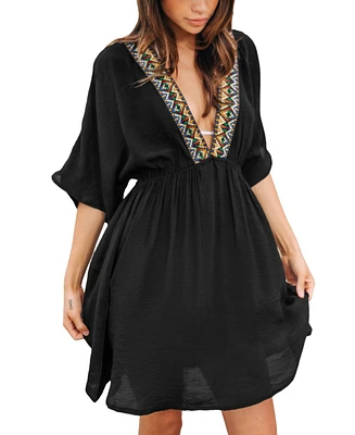Women's V-Neck Embroidered Cover-Up Dress
