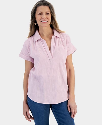 Style & Co Petite Cotton Short-Sleeve Camp Shirt, Created for Macy's