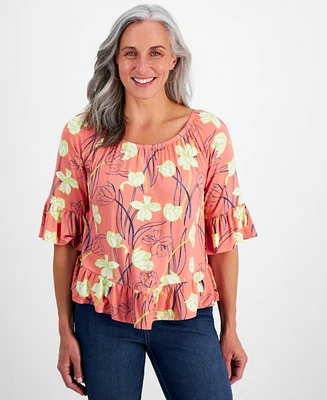 Style & Co Petite Tulip Menagerie On/Off Knit Top, Created for Macy's
