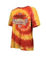 Women's Majestic Red, Yellow Kansas City Chiefs Super Bowl Lviii Champions Oversized Tie-Dye T-shirt