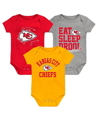 Baby Boys and Girls Gold, Red, Heather Gray Kansas City Chiefs Three-Pack Eat, Sleep and Drool Retro Bodysuit Set