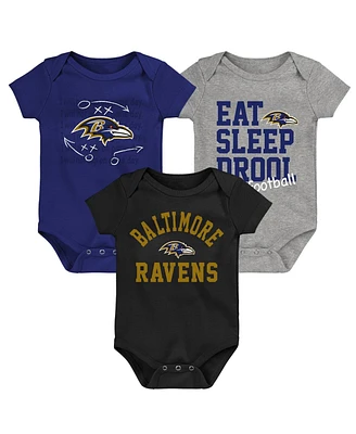 Baby Boys and Girls Purple, Black, Heather Gray Baltimore Ravens Three-Pack Eat, Sleep Drool Retro Bodysuit Set