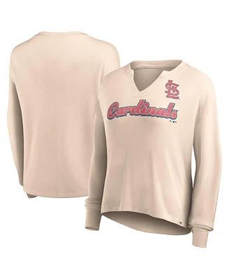 Women's Fanatics Cream Distressed St. Louis Cardinals Go For It Waffle Knit Long Sleeve Notch Neck T-shirt