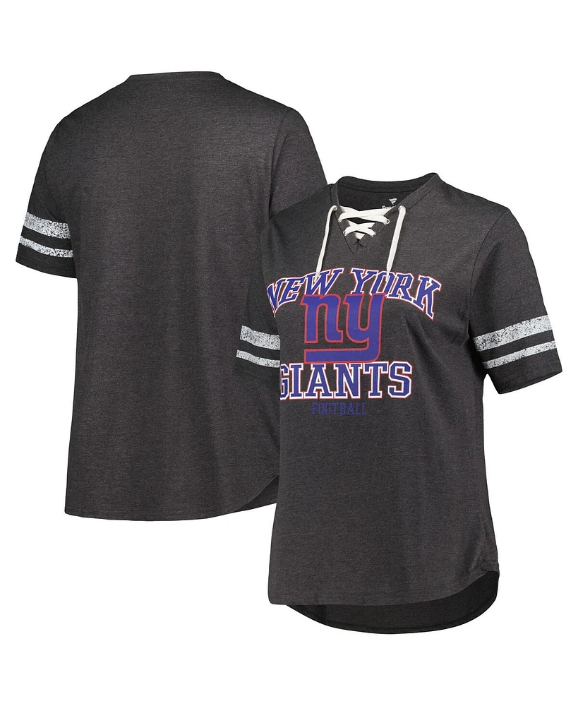 Women's Fanatics Heather Charcoal Distressed New York Giants Plus Lace-Up V-Neck T-shirt