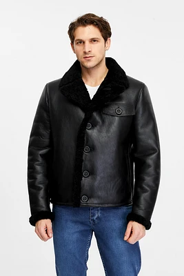 Furniq Uk Men's Black Leather Jacket, Wool