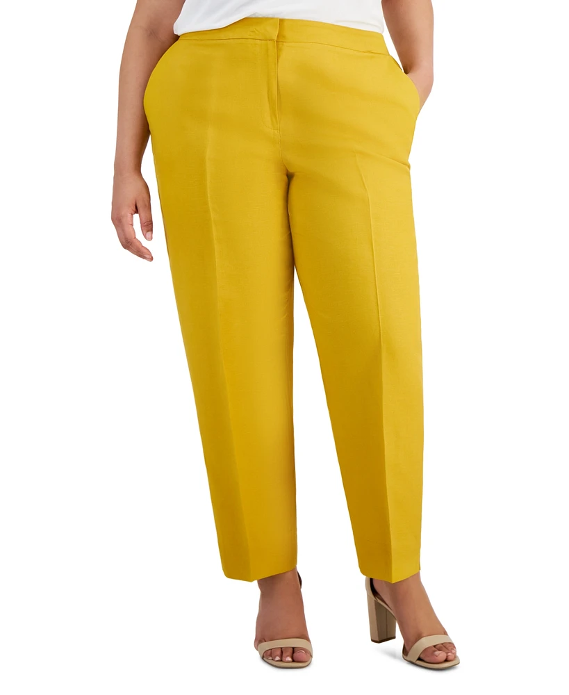 Kasper Plus Linen-Blend Straight-Leg Pants