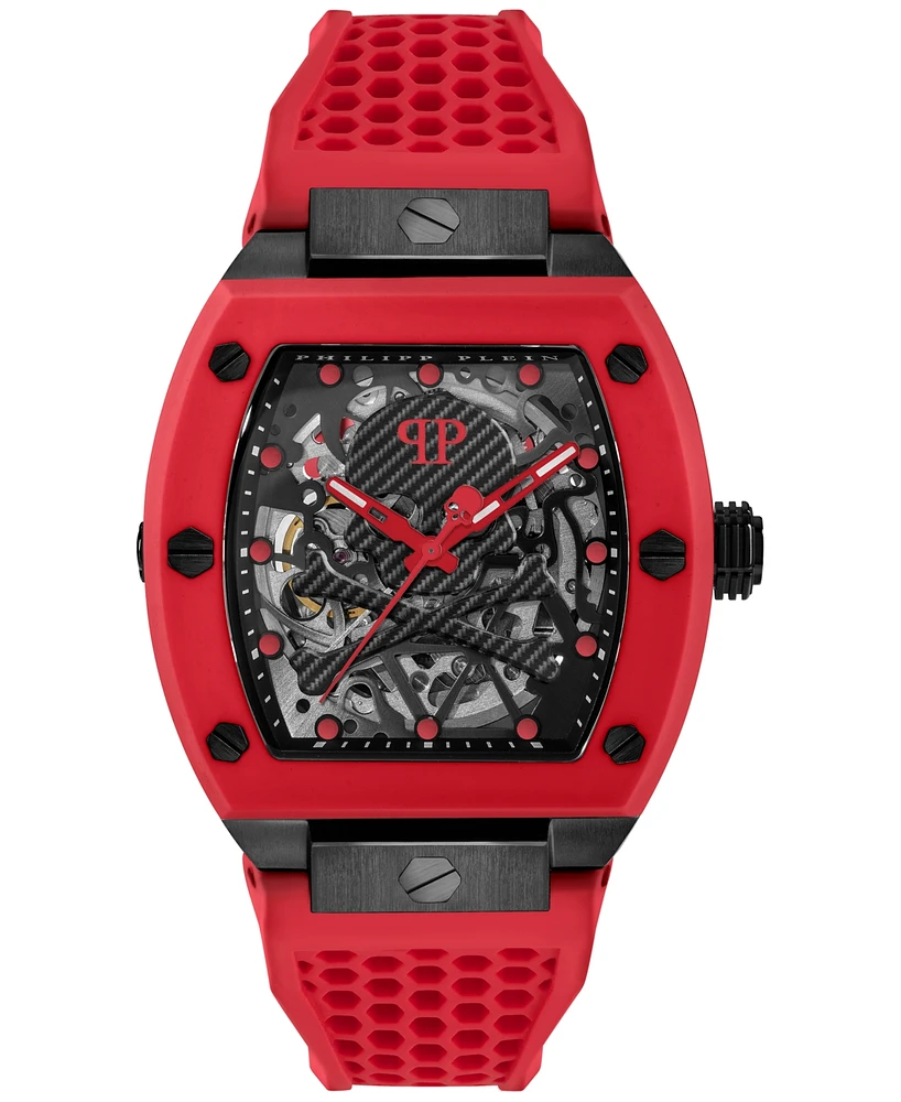 Philipp Plein Men's Automatic The Skeleton Red Silicone Strap Watch 44mm