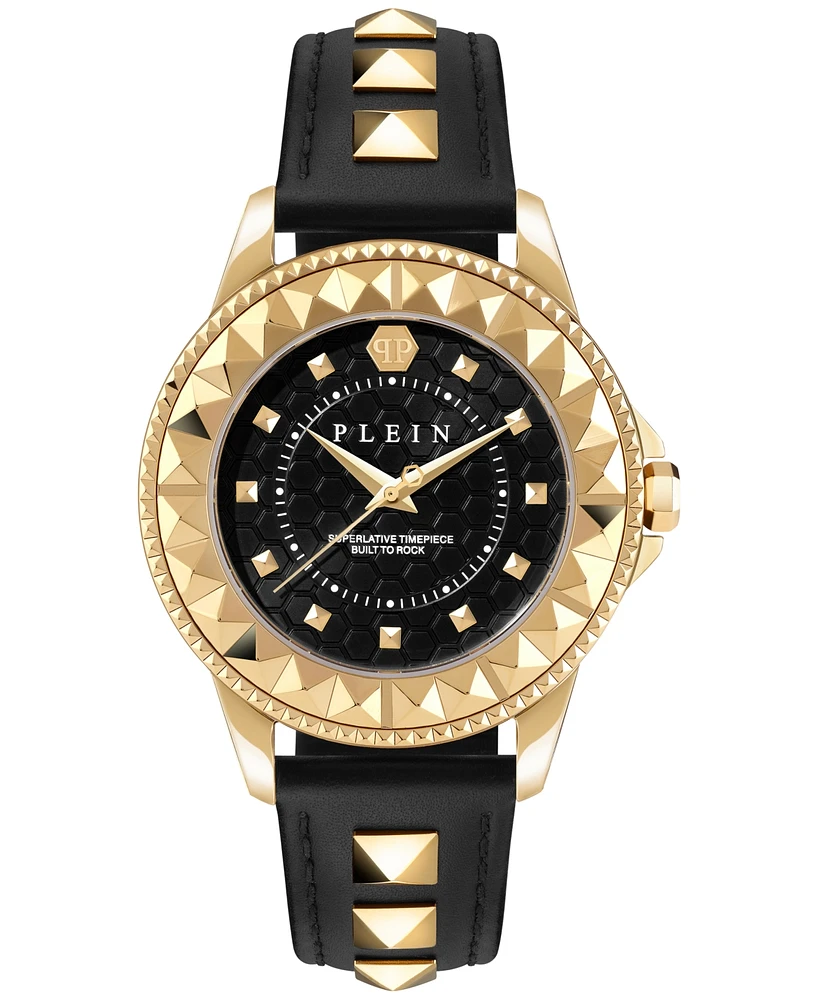 Philipp Plein Women's Lady Rock Gold-Tone Studded Black Leather Strap Watch 38mm