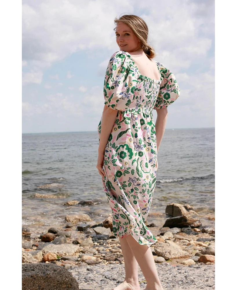 Jessie Zhao New York Emerald Smocked Cotton Silk Dress