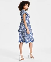 kensie Women's Embroidered Denim Midi Dress