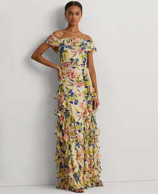 Lauren Ralph Women's Ruffled Floral Off-The-Shoulder Gown