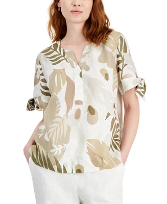 Charter Club Women's 100% Linen Palm-Print Split-Neck Top, Created for Macy's