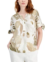Charter Club Women's 100% Linen Palm-Print Split-Neck Top, Created for Macy's
