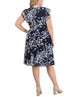 Jessica Howard Plus Printed Flutter-Sleeve Dress