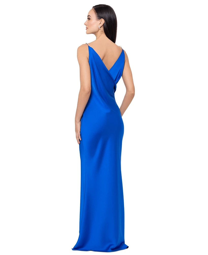 Betsy & Adam Women's Satin Beaded-Strap Gown