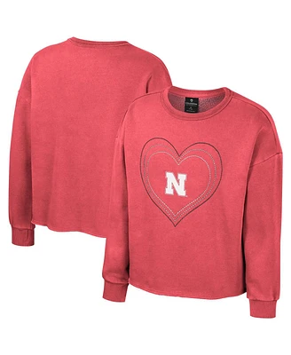 Big Girls Colosseum Scarlet Nebraska Huskers Audrey Washed Fleece Pullover Crewneck Sweatshirt