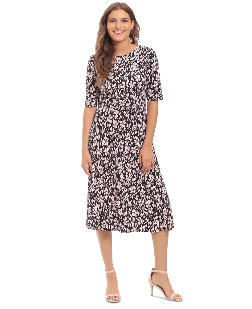 London Times Women's Printed Elbow-Sleeve Midi Dress