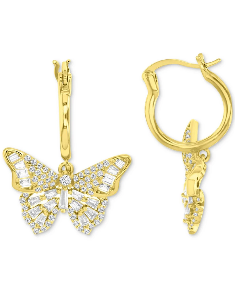 Cubic Zirconia Round & Baguette Butterfly Dangle Hoop Earrings in 14k Gold-Plated Sterling Silver