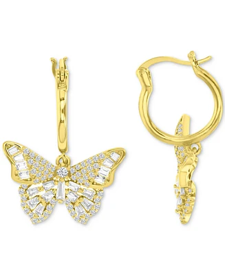 Cubic Zirconia Round & Baguette Butterfly Dangle Hoop Earrings in 14k Gold-Plated Sterling Silver
