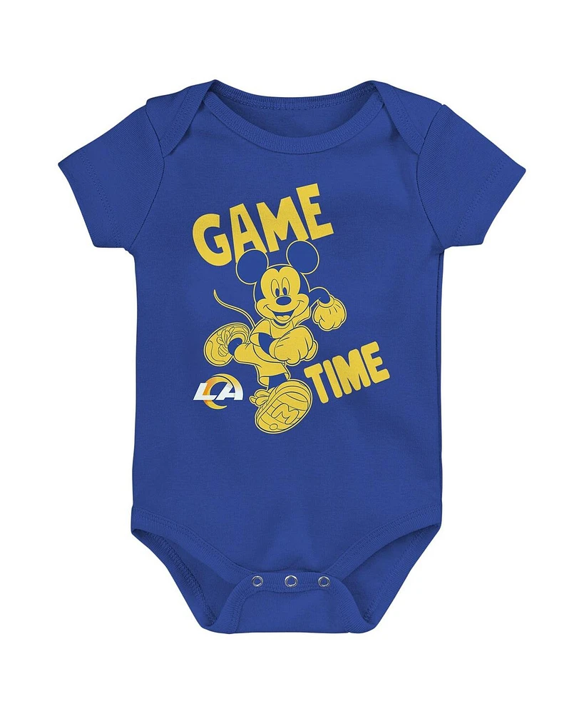 Baby Boys and Girls Royal, Gold, Gray Los Angeles Rams Three-Piece Disney Game Time Bodysuit Set