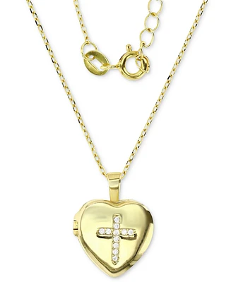 Children's Cubic Zirconia Cross Locket Pendant Necklace in 14k Gold-Plated Sterling Silver, 13" + 2" extender