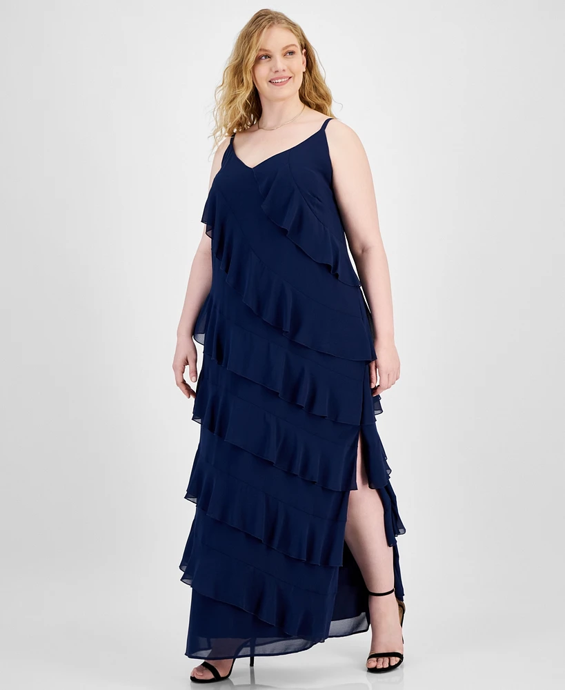 B Darlin Trendy Plus Size V-Neck Sleeveless Ruffle-Trim Gown