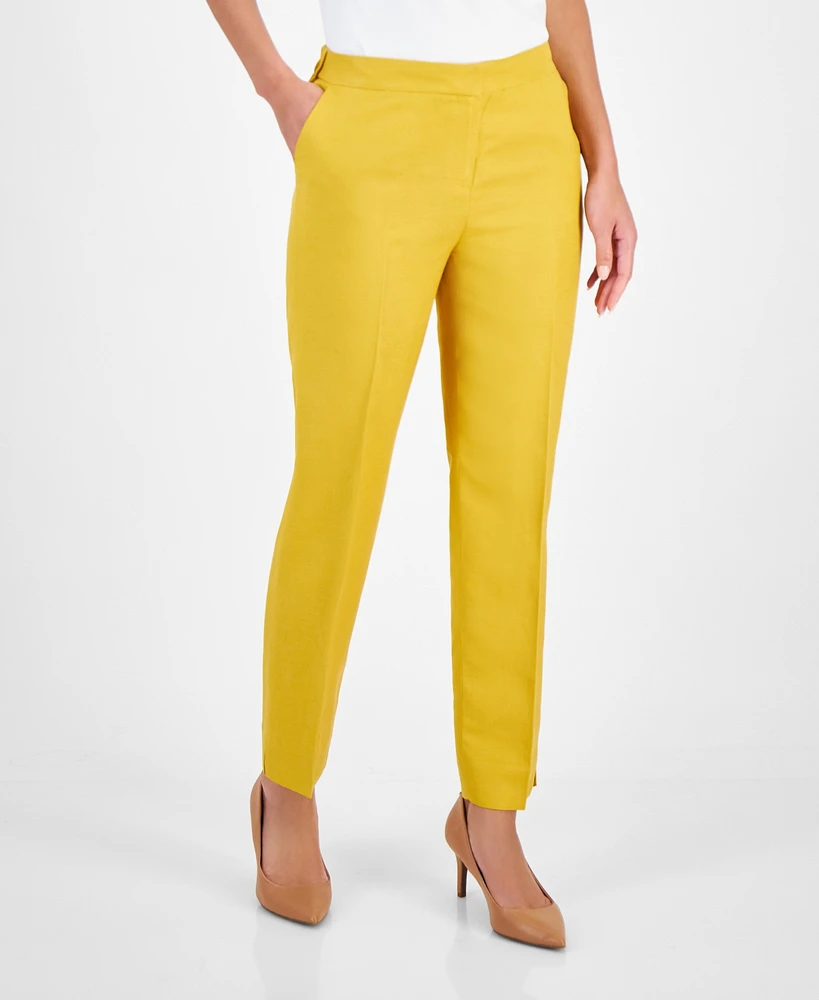 Kasper Petite Linen-Blend Mid Rise Straight-Leg Zip-Front Pants