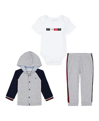 Tommy Hilfiger Baby Boys Logo Bodysuit, Color Block Snap-Front Hoodie and Joggers, 3-pc Set