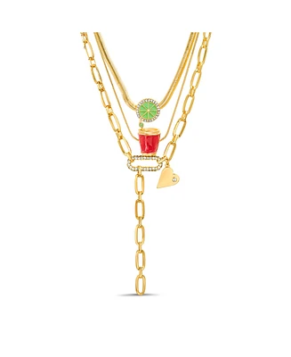 kensie Multi 3 Piece Mixed Chain Necklace Set with Red Cup, Line and Heart Charm Pendants