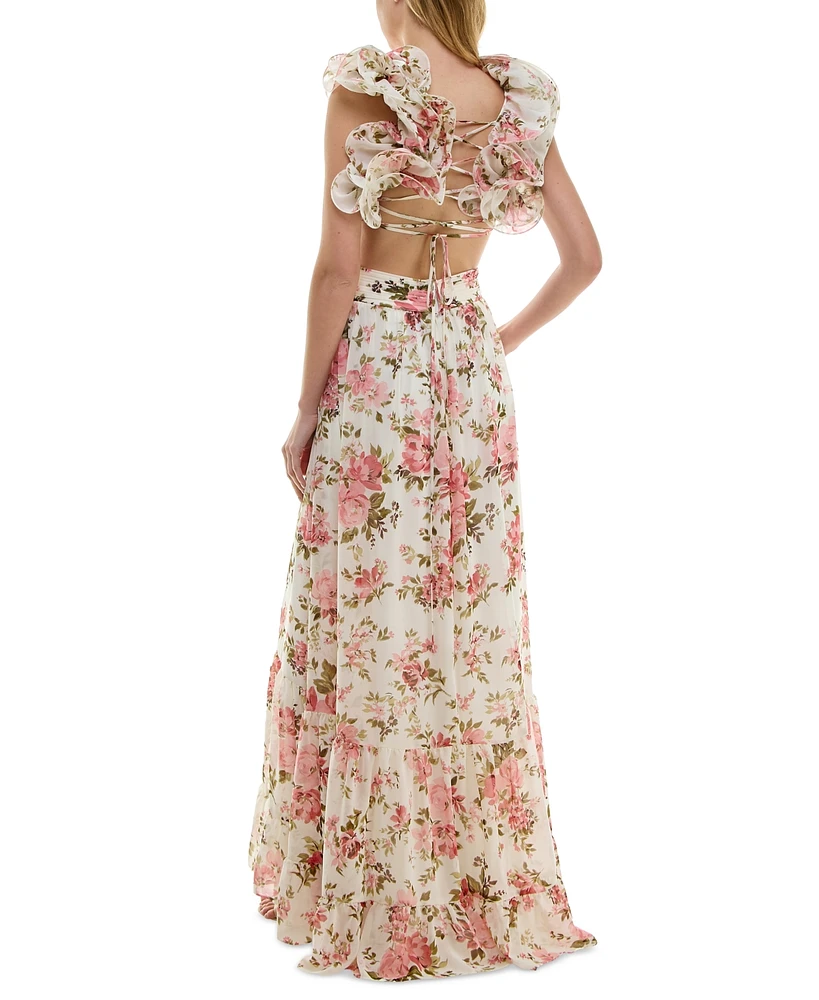 B Darlin Juniors' Floral-Print Strappy-Back Ruffled Gown