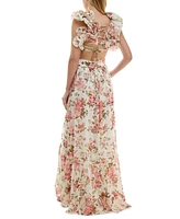 B Darlin Juniors' Floral-Print Strappy-Back Ruffled Gown