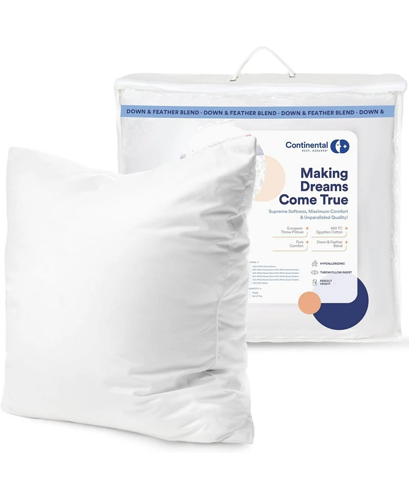 Continental Bedding 24x24 Luxury Throw Pillow Insert 50% White down 50% Feather