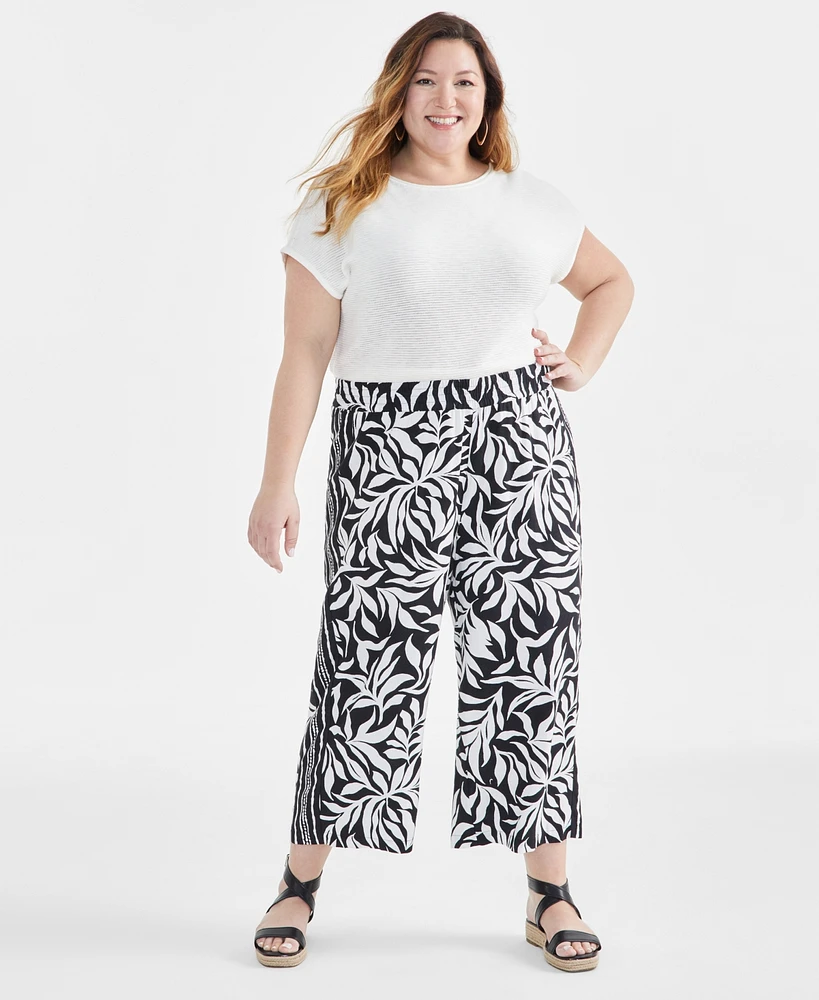 Style & Co Plus Linen-Blend Printed Wide-Leg Cropped Pants, Created for Macy's