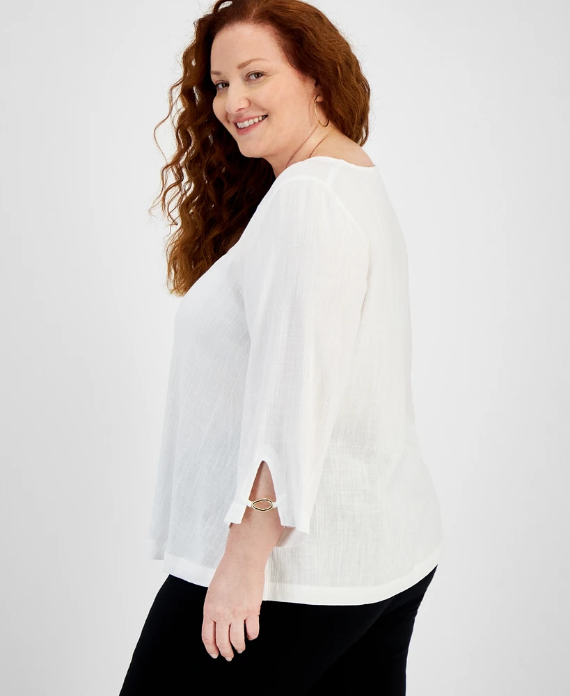 Jm Collection Plus 3/4-Sleeve Linen-Blend Top, Created for Macy's