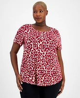 Jm Collection Plus Printed Short Sleeve Scoop-Neck Top, Created for Macy's