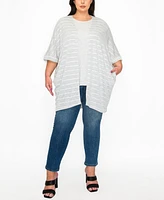 Coin 1804 Plus Textured Jacquard Stripe Rolled Sleeve Pocket Kimono Top