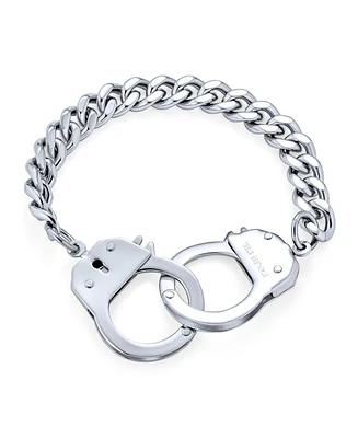 Bling Jewelry Biker Jewelry Couples Handcuff Statement Bracelet Cuban Curb Chain Stainless Steel 8.5 Inch