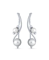 Bling Jewelry White Freshwater Cultured Pearl Wire Ear Pin Climbers Earrings For Women Round Crawlers Sterling Silver