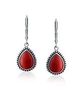 Bling Jewelry Western Style Dark Red Burgundy Natural Stabilized Turquoise Pear Shaped Teardrop Lever Back Dangle Drop Earrings Oxidized Sterling Silv