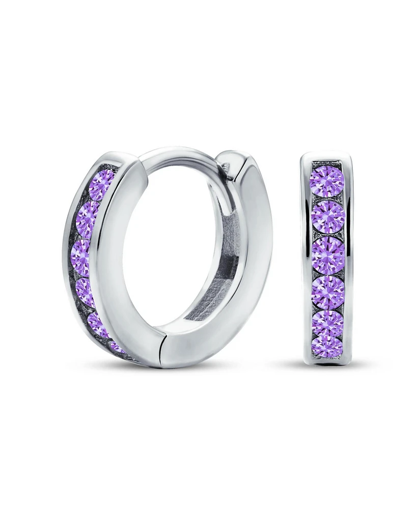 Purple Cubic Zirconia Cz Channel Set Small Huggie Hoop Earrings For Women Simulated Amethyst.925 Sterling Silver
