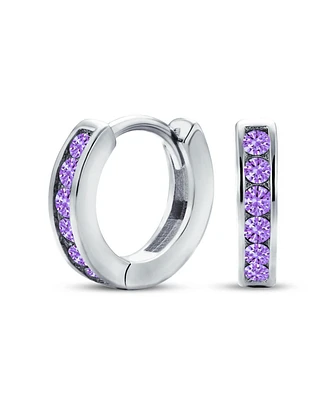 Bling Jewelry Purple Cubic Zirconia Cz Channel Set Small Huggie Hoop Earrings For Women Purple Sterling Silver