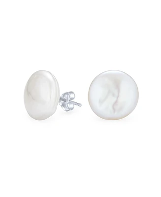 Baroque Irregular Round Coin Shaped Bridal White Biwa Coin Freshwater Cultured Pearl Stud Earrings For Women.925 Sterling Silver