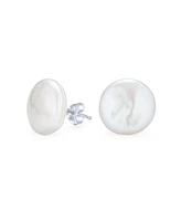 Bling Jewelry Baroque Irregular Round Coin Shaped Bridal White Biwa Coin Freshwater Cultured Pearl Stud Earrings For Women Sterling Silver