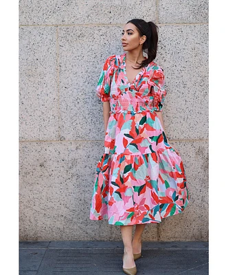 Jessie Zhao New York Ramona Watermelon Smocked Midi Dress