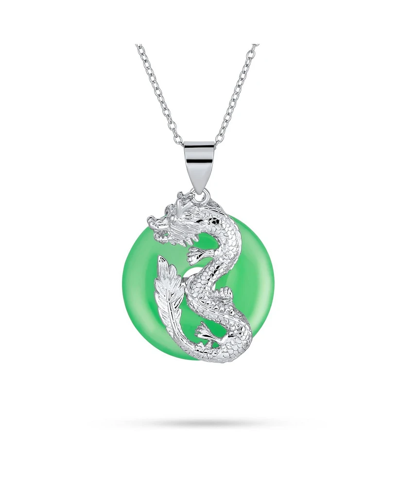 Bling Jewelry Round Open Circle Disc Dyed Green Jade Dragon Pendant Sterling Silver Necklace For Women 18 Inch