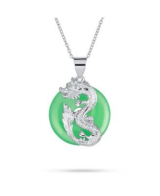 Round Open Circle Disc Dyed Green Jade Dragon Pendant .925 Sterling Silver Necklace For Women 18 Inch