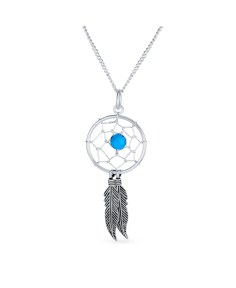 Bling Jewelry Western Synthetic Turquoise Accent Feathers Leaf Dream Catcher Pendant Necklace For Women s Oxidized Sterling Silver